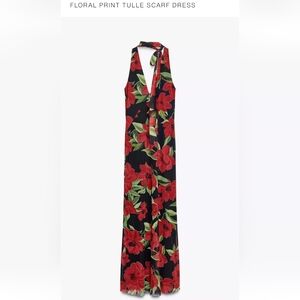 Zara Floral Print Tulle Scarf Dress - Red and Green